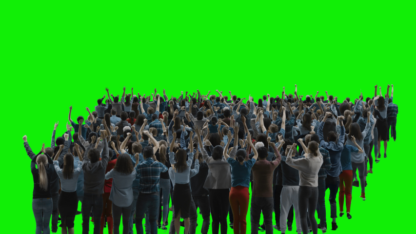 Green Screen: Big Crowd of People Having Fun, Cheering, Applauding, Jumping and Celebrating at Sport Event, Concert, Festival, Party. Back View. Chroma Key, Black Screen, Silhouette White on Black
