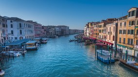Venice canals time lapse video before COVID-19 pandemic. View from Rialto bridge.