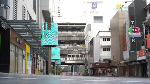 BANGKOK, THAILAND-APRIL 18: Empty street in Siam square during outbreak of Covid-19 on April 18,2020, Bangkok, Thailand. Siam square is a Famous shopping and entertainment area