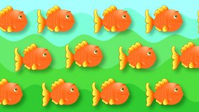 Abstract animated background with painted red fishes, swim and open their mouths with big teeth in the water with green waves imitating paper and a simple drawing.