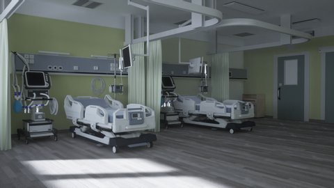 3D rendering of medical room with ventilator and bed in the hospital.