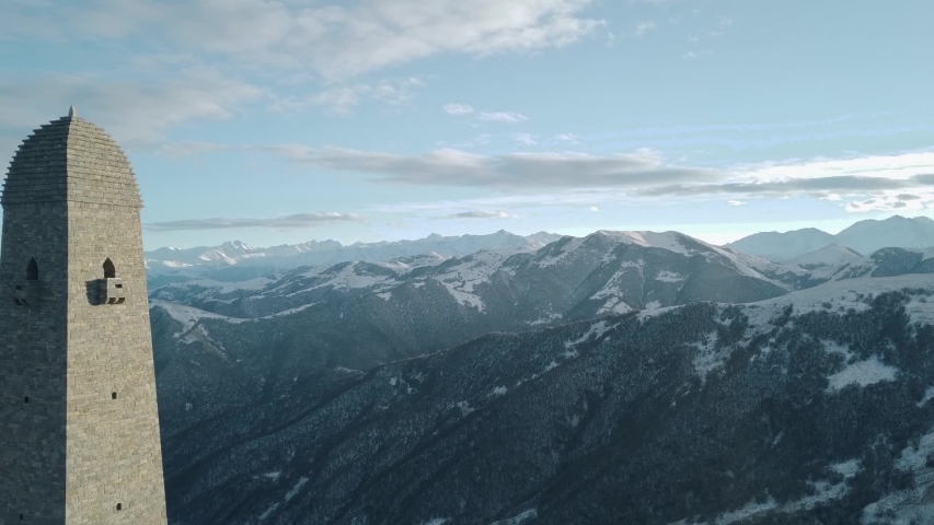 Watchtower caucasion nationality mountain drone shot Chechen Republic 4k Drone shot