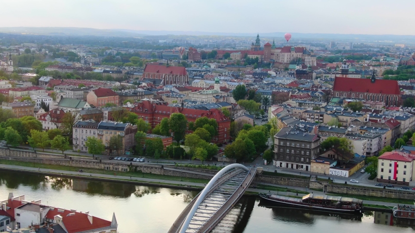Hot air balloons flying over Cracow, Krakow, Poland, Polska (drone footage)