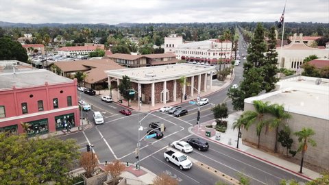 Aerial view of the downtown area of Redlands, California in Riverside County.