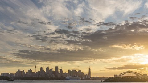 Sydney City Skyline Red Sky Sunset - Day to Night Timelapse