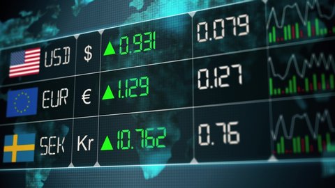 Evolution of Swedish krona, Euro, US dollar currencies with up and downs. Currency market with green and red digital animation of prices in the world, with financial and ecomonic crisis