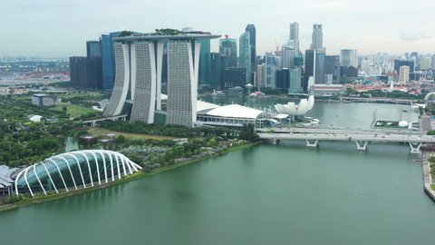 Singapore, 25 April, 2020. Aerial view of the skyline of Singapore with the Marina Bay Sands and the financial district. Singapore is an island city-state off southern Malaysia.