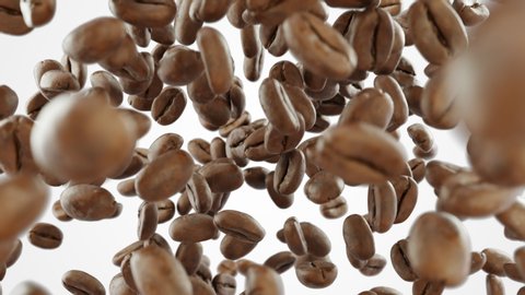 Abstract realistic 3D coffee beans explosion in slow motion. Many coffee beans flying up and falling down. 3D animation footage. Alpha matte.