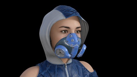 3D model girl in a sfiladring mask, portrait, animation, transparent background