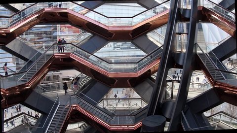 New York, USA - March 8, 2020: The Vessel, project by architect Thomas Heatherwick, also known as Hudson Yards Staircase, in Manhattan.