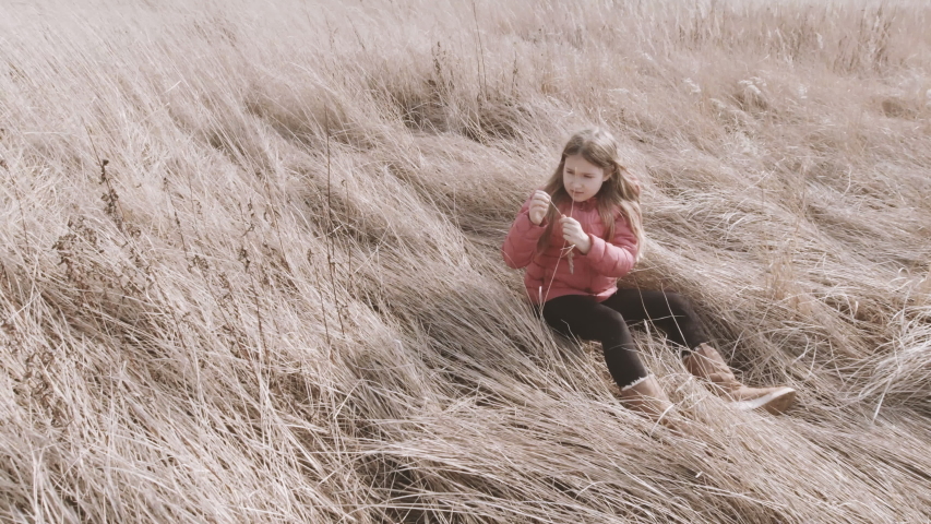 Young teenager girl with blond hair and smile on face lying on wheat field. Nature background. Happiness, freedom and lifestyle concept. Stock slow motion video.