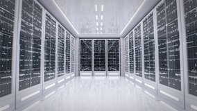 White server room in modern data center. Cloud computing data storage 3d rendering. Walkthrough racks of network and information servers behind glass panels. Flashing light indicators. - Powered by Shutterstock - Get 15% off with code: PIKWIZARD15