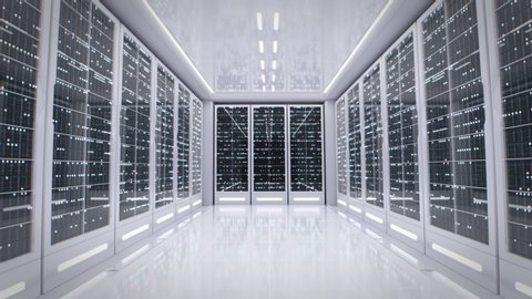White server room in modern data center. Cloud computing data storage 3d rendering. Walkthrough racks of network and information servers behind glass panels. Flashing light indicators.