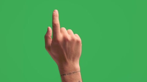 Pack of videos a male tattooed hand perform multiple gestures. Finger swipes from left to right multiple times on green screen chroma key background 