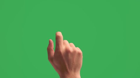 Pack of videos a male tattooed hand perform multiple gestures. Finger scrolls down and up multiple times on green screen chroma key background 