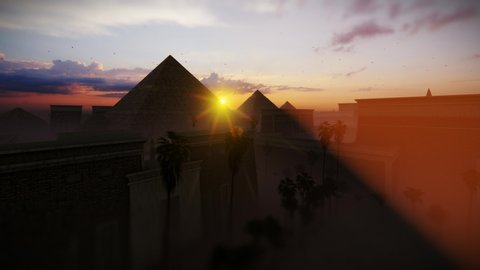 Great Giza pyramids of Khufu, Menkaure and Khafre against magical sunrise, Cairo, Egypt 4K