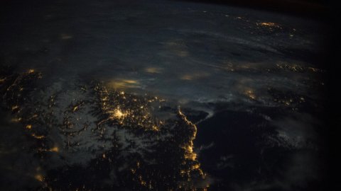 ISS Time-lapse Video of Earth seen from the International Space Station with dark sky and city lights at night over Europe, Time Lapse 4K. Images courtesy of NASA. Pan down motion timelapse