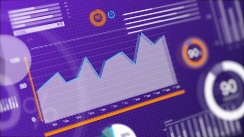 Purple and blue 2D vector graphics in 3D animation, showing graphs and charts with data visualizations and information. 4K UDHD