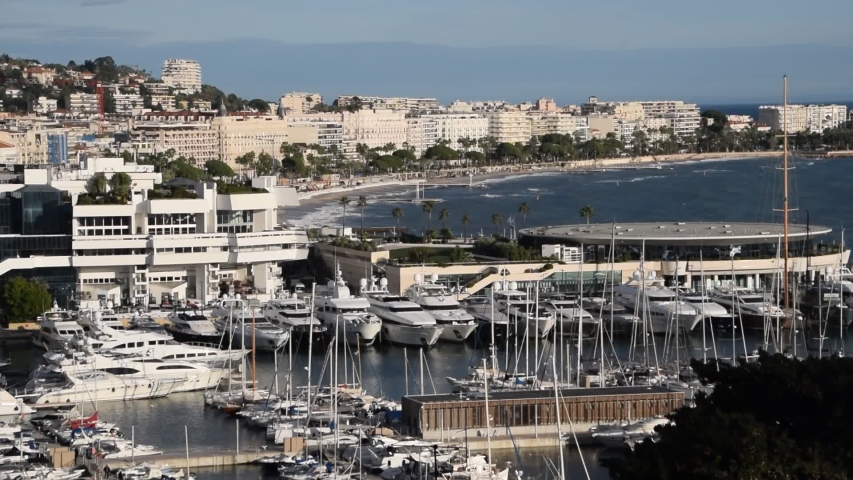 Cannes / France - November 5 2019: aerial view of port city Croisette and coast