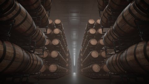 Barrels in warehouse stacked. Wooden oak whiskey, wine or beer barrels sitting in rows inside storage cellar. Loopable seamless animation of stored wood barrels.