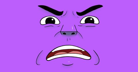 Traditional 2D animation of a face showing disgust expression. Face isolated on purple flat background. Infinite seamless loop cartoon.