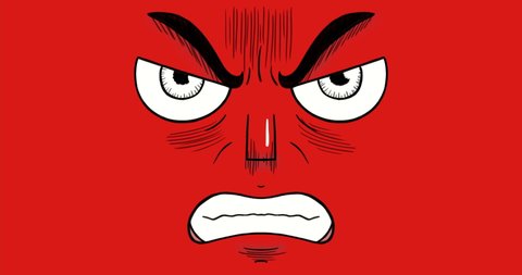Traditional 2D animation of an angry expression. Face isolated on flat red background. Infinite seamless loop cartoon.