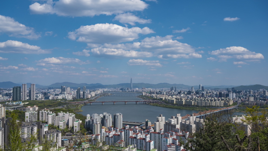 cloudy sky Seoul city South Korea. Hangang River and bridge