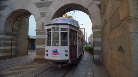 Milan, Italy, April 29, 2020: desert streets of the city. Quarantine Lombardy during the Covid19 pandemic. People are sitting at home. Public transport without people. Countdown. Old tram