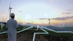 Aerial view of engineer using hologram panel to control wind turbine energy flow. Flying over future technology lines field. Renewable Alternative Green Industrial Power. Augmented reality concept - Powered by Shutterstock - Get 15% off with code: PIKWIZARD15