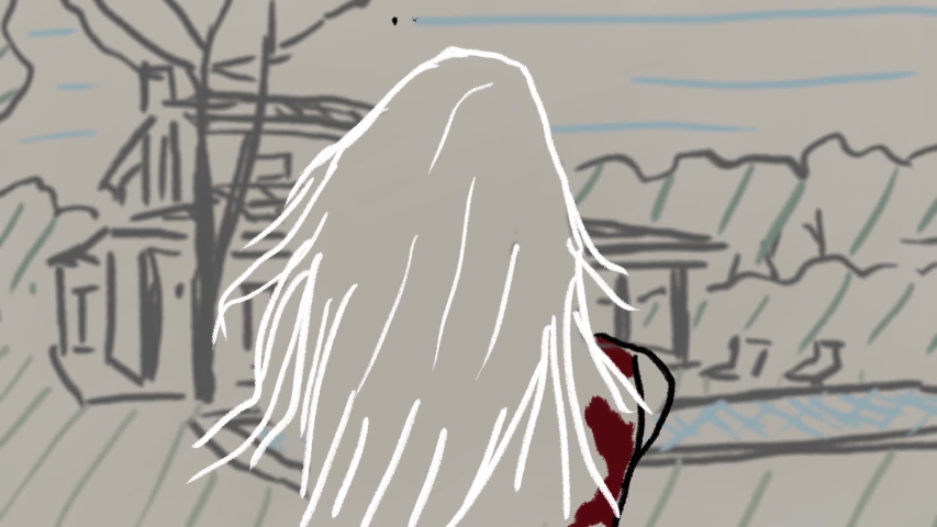 Animation of a young girl talking on the phone. Pleasant conversation in a rural setting.