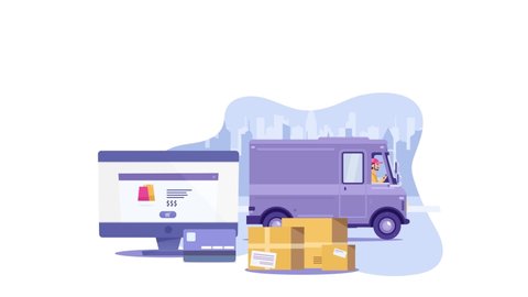 Flat cartoon purple delivery van vehicle with driver or courier and laptop or PC on background with city reveal - flat design video concept with alpha channel. Free delivery online shopping concept.