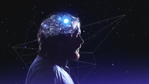 Profile of bearded man with symbol neurons in brain. contour of the human brain, the cosmos inside human, background shining star