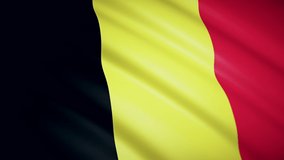 Belgium flag close-up. The fabric flutters in the wind. Animated background.Looped video footage. Blur and vignetting. 4K. HD
