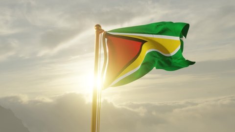 Flag of Guyana Waving in the wind, Sky and Sun Background, Slow Motion, Realistic Animation, 4K UHD 60 FPS Slow-Motion