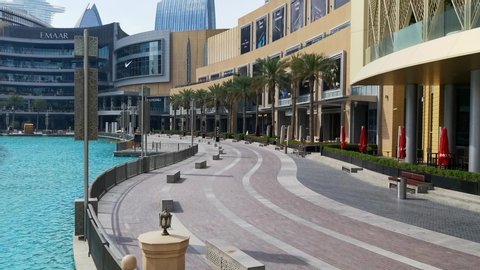 Totally empty Dubai Fountain Boulevard outside the Dubai Mall during COVID-19 Pandemic. Dubai, UAE - May 2020