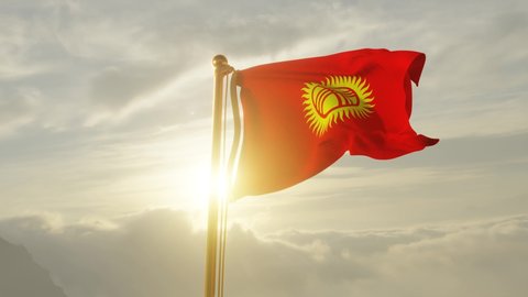 Flag of Kyrgyzstan Waving in the wind, Sky and Sun Background, Slow Motion, Realistic Animation, 4K UHD 60 FPS Slow-Motion