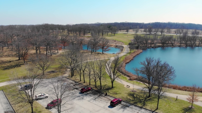 Aerial Flight over the fabulous Park in the state of Illinois USA. Park areas in the United States. Fall or spring. Spring Park from a height