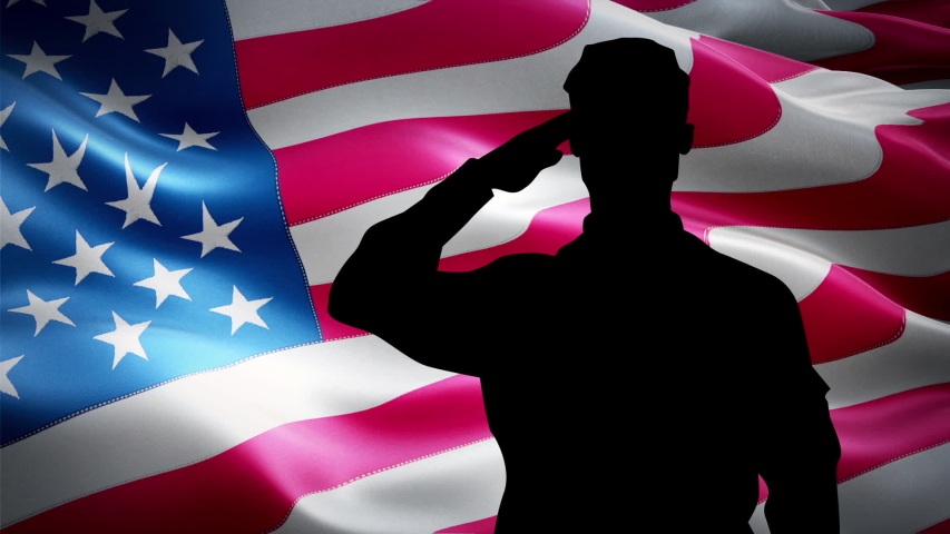 Shoulder silhouette of saluting army soldier in front of USA or America flag at Memorial DAY federal holiday seamless looping animation Royalty-Free Stock Footage #1051960930