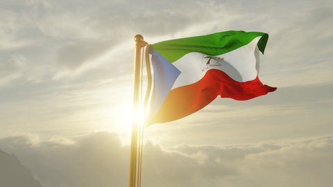 Flag of Equatorial Guinea Waving in the wind, Sky and Sun Background, Slow Motion, Realistic Animation, 4K UHD 60 FPS Slow-Motion
