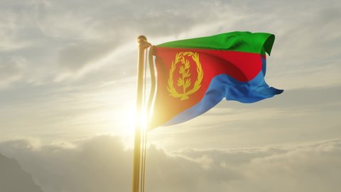 Flag of Eritrea Waving in the wind, Sky and Sun Background, Slow Motion, Realistic Animation, 4K UHD 60 FPS Slow-Motion