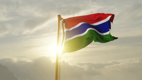 Flag of Gambia Waving in the wind, Sky and Sun Background, Slow Motion, Realistic Animation, 4K UHD 60 FPS Slow-Motion