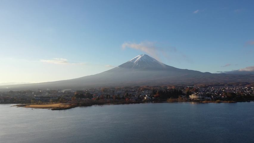 Aerial Panorama Landscape of Fuji Mountain. Iconic and Symbolic Mountain of Japan. Scenic Sunset Landscape of Fujisan at Evening Time, Kawaguchiko, Yamanashi, Japan.