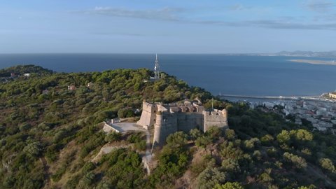 Mont Alban fort drone footage with sea view. Nice in France aerial 4K orbital shot. Sunrise over Mont Boron in Nizza at French Riviera. 