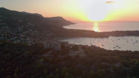 Nice in France aerial 4K shot. Mont Alban fort drone footage with sea view. Sunrise over Mont Boron in Nizza at French Riviera. 