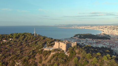 Mont Alban fort drone footage with sea view. Nice in France aerial 4K shot. Sunrise over Mont Boron in Nizza at French Riviera. 