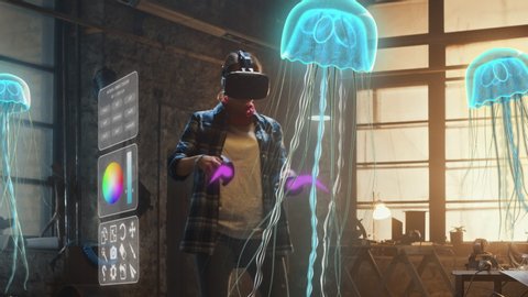 Female Artist Wearing Augmented Reality Headset Working on Abstract 3D Jellyfish Sculpture with Joysticks, Uses Gestures To Create High-Tech Internet Multimedia Concept Art.3D Animation Special Effect