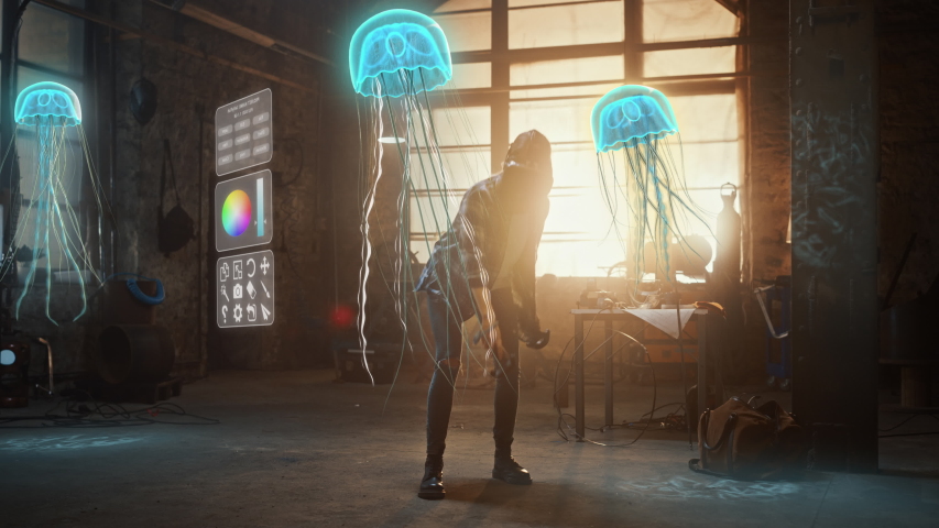 Female Artist Wearing Augmented Reality Headset Working on Abstract 3D Jellyfish Sculpture with Joysticks, Uses Gestures To Create High-Tech Internet Multimedia Concept Art.3D Animation Special Effect | Shutterstock HD Video #1051965439
