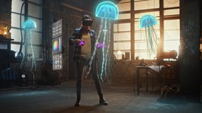 Female Artist Wearing Augmented Reality Headset Working on Abstract 3D Jellyfish Sculpture with Joysticks, Uses Gestures To Create High-Tech Internet Multimedia Concept Art.3D Animation Special Effect - Powered by Shutterstock - Get 15% off with code: PIKWIZARD15