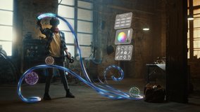 Talented Female Artist Wearing Augmented Reality Headset Working on Abstract 3D Sculpture with Controllers, Uses Gestures To Create Multimedia Internet Concept Art. 3D Animation Special Effect - Powered by Shutterstock - Get 15% off with code: PIKWIZARD15