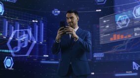 Virtual Reality Concept: Businessman Uses Smartphone in 3D World Surrounded by e-Business, e-Commerce, Stock Market, Infographics, Finance, Analysis, Charts, Graphs Icons. 360 Degree Tracking Arс
 - Powered by Shutterstock - Get 15% off with code: PIKWIZARD15